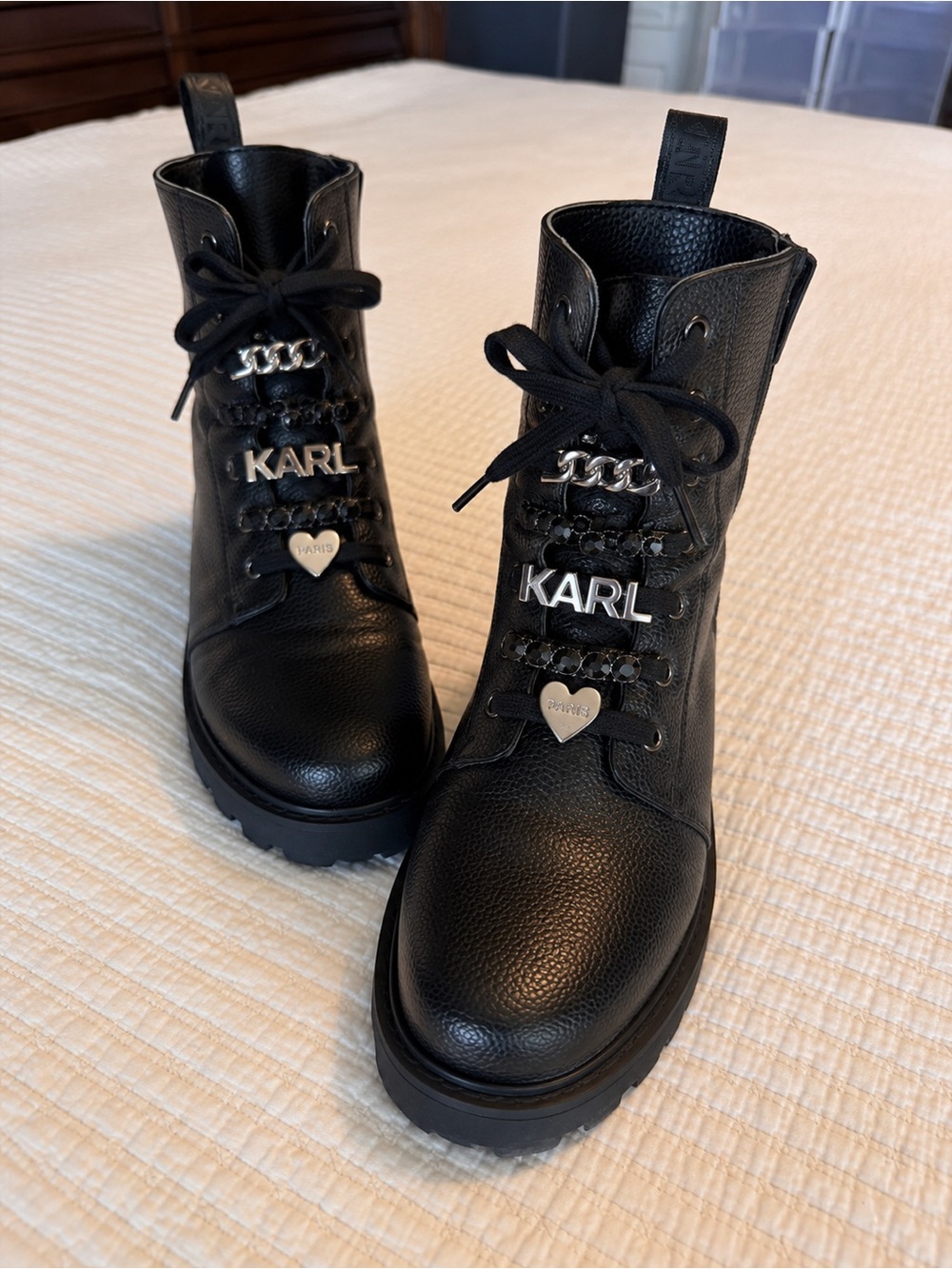 Karl Lagerfeld Black Leather Combat Boots with Silver Hardware